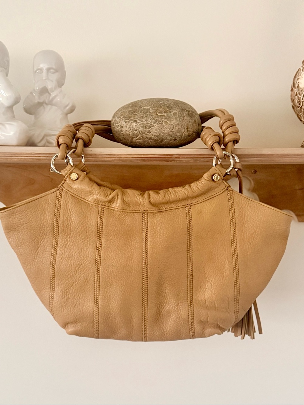Stuart Weitzman Camel Tan Leather Shoulder Bag with Leather Tassel